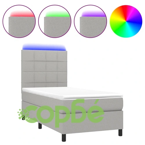 Боксспринг легло с матрак и LED, светлосиво, 90x190 см, плат ➤ топ цена ➤ sorbe.bg