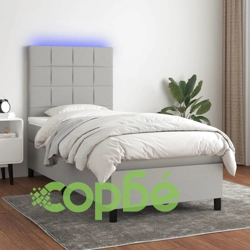 Боксспринг легло с матрак и LED, светлосиво, 90x190 см, плат ➤ топ цена ➤ sorbe.bg