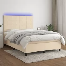 Боксспринг легло с матрак и LED, кремаво, 140x190 см, плат
