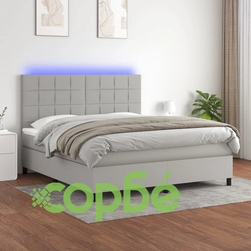 Боксспринг легло с матрак и LED, светлосиво, 180x200 см, плат ➤ топ цена ➤ sorbe.bg