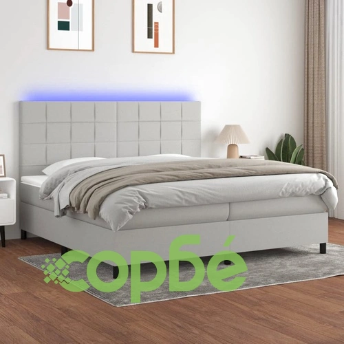 Боксспринг легло с матрак и LED, светлосиво, 200x200 см, плат ➤ топ цена ➤ sorbe.bg