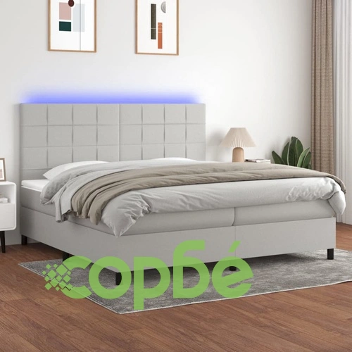 Боксспринг легло с матрак и LED, светлосиво, 200x200 см, плат ➤ топ цена ➤ sorbe.bg