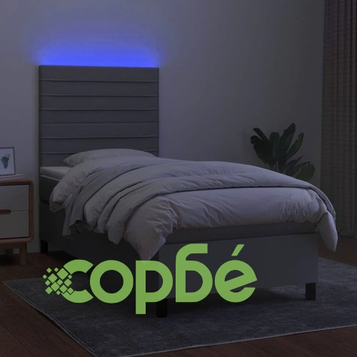 Боксспринг легло с матрак и LED, светлосиво, 90x200 см, плат ➤ топ цена ➤ sorbe.bg