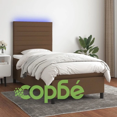 Боксспринг легло с матрак и LED, тъмнокафяво, 100x200 см, плат ➤ топ цена ➤ sorbe.bg