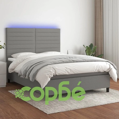 Боксспринг легло с матрак и LED, тъмносиво, 140x200 см, плат ➤ топ цена ➤ sorbe.bg