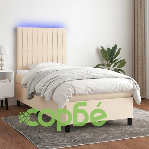 Боксспринг легло с матрак и LED, кремава, 90x200 см, плат ➤ топ цена ➤ sorbe.bg
