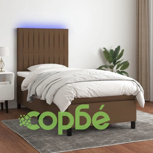 Боксспринг легло с матрак и LED, тъмнокафяво, 100x200 см, плат ➤ топ цена ➤ sorbe.bg