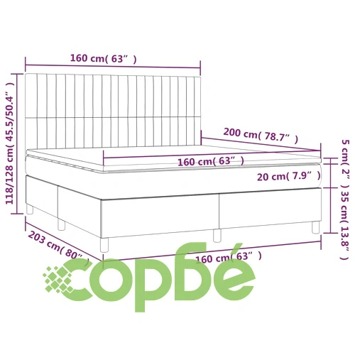 Боксспринг легло с матрак и LED, светлосиво, 160x200 см, плат ➤ топ цена ➤ sorbe.bg