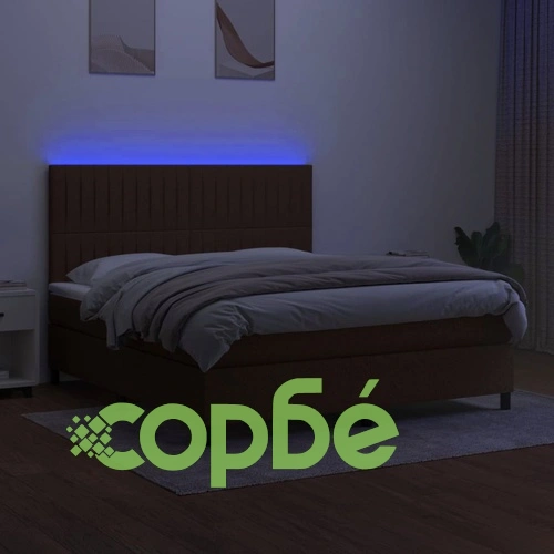 Боксспринг легло с матрак и LED, тъмнокафяво, 160x200 см, плат ➤ топ цена ➤ sorbe.bg