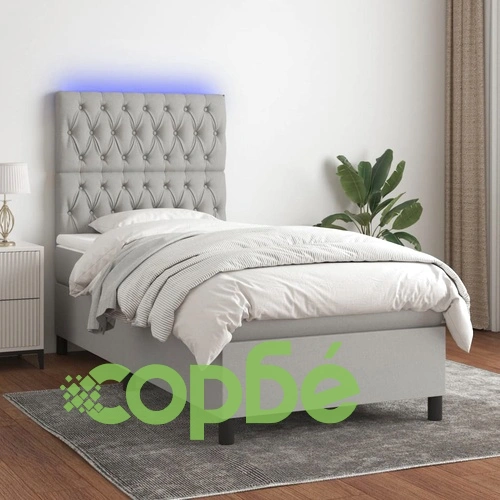 Боксспринг легло с матрак и LED, светлосиво, 90x200 см, плат ➤ топ цена ➤ sorbe.bg