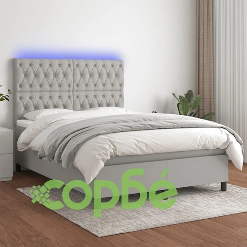 Боксспринг легло с матрак и LED, светлосиво, 140x190 см, плат ➤ топ цена ➤ sorbe.bg