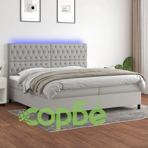 Боксспринг легло с матрак и LED, светлосиво, 200x200 см, плат ➤ топ цена ➤ sorbe.bg