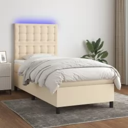 Боксспринг легло с матрак и LED, кремава, 90x190 см, плат