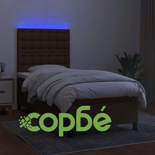 Боксспринг легло с матрак и LED, тъмнокафяво, 100x200 см, плат ➤ топ цена ➤ sorbe.bg