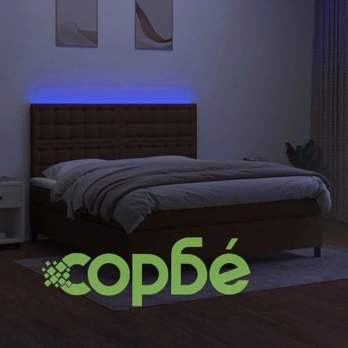 Боксспринг легло с матрак и LED, тъмнокафяво, 160x200 см, плат ➤ топ цена ➤ sorbe.bg