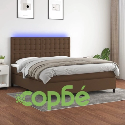 Боксспринг легло с матрак и LED, тъмнокафяво, 160x200 см, плат ➤ топ цена ➤ sorbe.bg