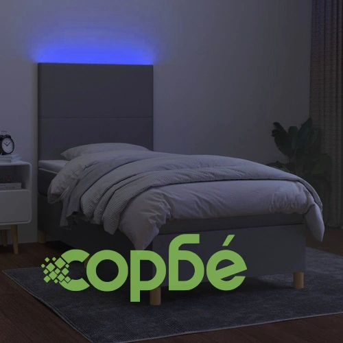 Боксспринг легло с матрак и LED, светлосиво, 90x190 см, плат ➤ топ цена ➤ sorbe.bg
