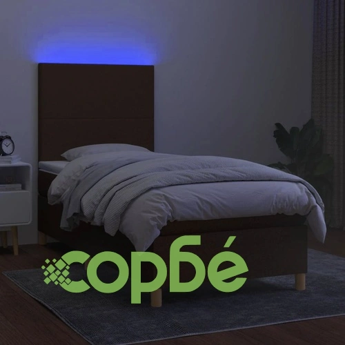 Боксспринг легло с матрак и LED, тъмнокафява, 90x190 см, плат ➤ топ цена ➤ sorbe.bg
