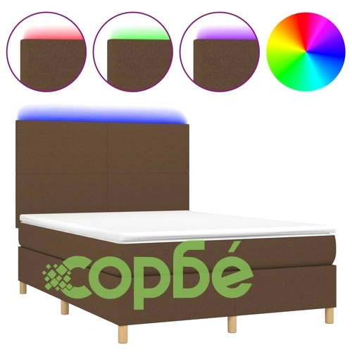 Боксспринг легло с матрак и LED, тъмнокафяво, 140x200 см, плат ➤ топ цена ➤ sorbe.bg