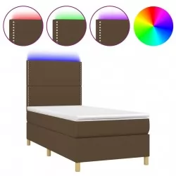 Боксспринг легло с матрак и LED, тъмнокафява, 90x200 см, плат