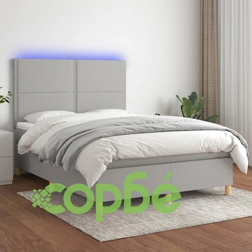Боксспринг легло с матрак и LED, светлосиво, 140x190 см, плат ➤ топ цена ➤ sorbe.bg