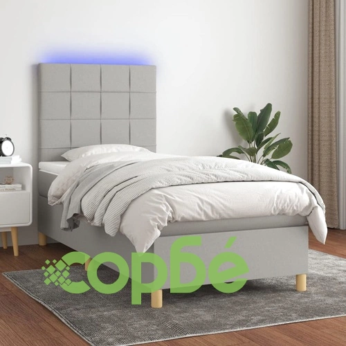 Боксспринг легло с матрак и LED, светлосиво, 90x200 см, плат ➤ топ цена ➤ sorbe.bg