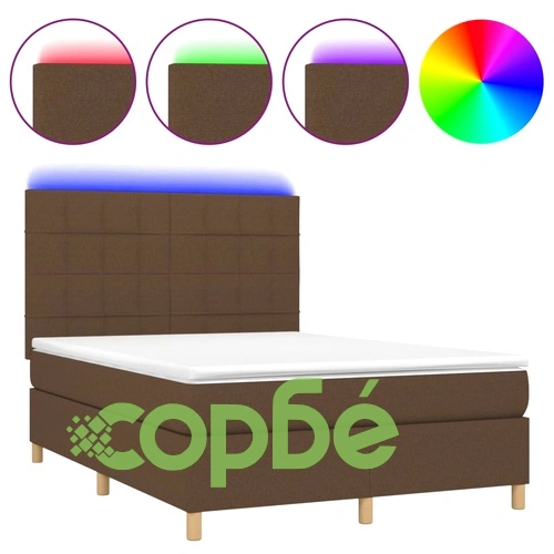 Боксспринг легло с матрак и LED, тъмнокафяво, 140x200 см, плат ➤ топ цена ➤ sorbe.bg