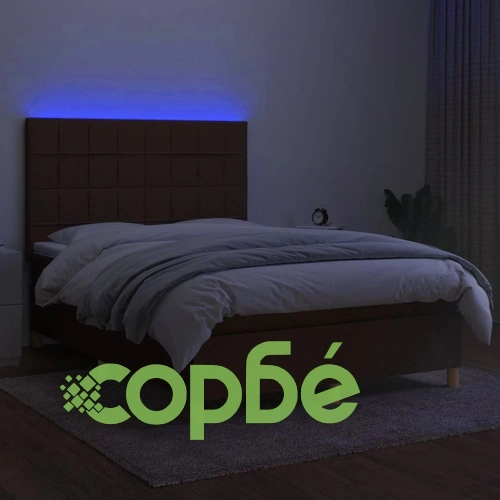 Боксспринг легло с матрак и LED, тъмнокафяво, 140x200 см, плат ➤ топ цена ➤ sorbe.bg