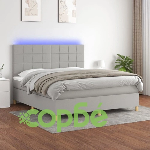 Боксспринг легло с матрак и LED, светлосиво, 180x200 см, плат ➤ топ цена ➤ sorbe.bg