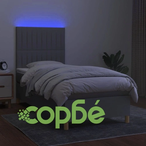 Боксспринг легло с матрак и LED, светлосиво, 90x190 см, плат ➤ топ цена ➤ sorbe.bg