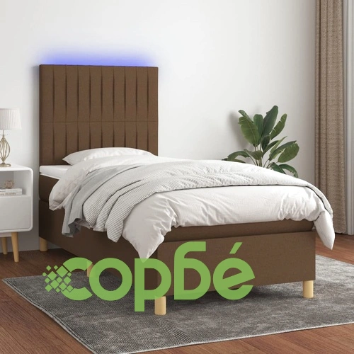 Боксспринг легло с матрак и LED, тъмнокафява, 90x190 см, плат ➤ топ цена ➤ sorbe.bg