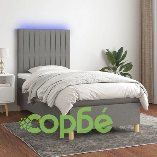 Боксспринг легло с матрак и LED, тъмносиво, 100x200 см, плат ➤ топ цена ➤ sorbe.bg
