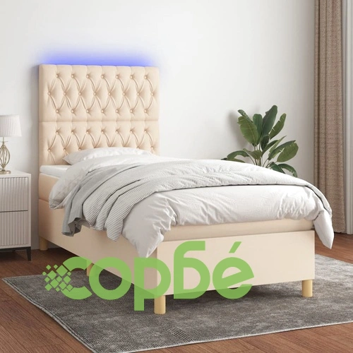 Боксспринг легло с матрак и LED, кремава, 90x200 см, плат ➤ топ цена ➤ sorbe.bg