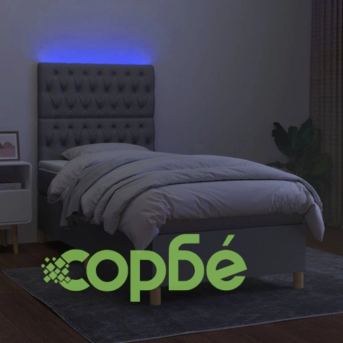 Боксспринг легло с матрак и LED, светлосиво, 100x200 см, плат ➤ топ цена ➤ sorbe.bg
