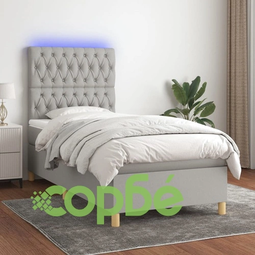 Боксспринг легло с матрак и LED, светлосиво, 100x200 см, плат ➤ топ цена ➤ sorbe.bg