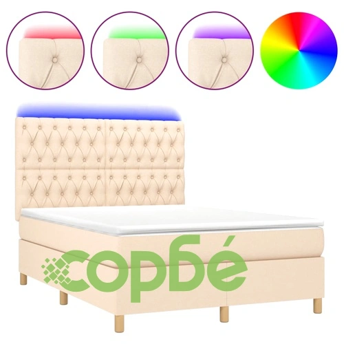 Боксспринг легло с матрак и LED, кремаво, 140x190 см, плат ➤ топ цена ➤ sorbe.bg