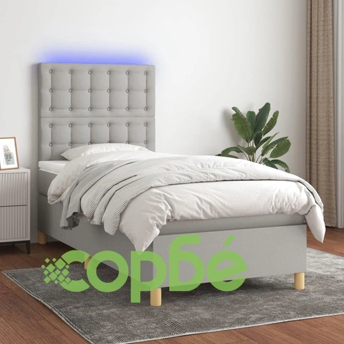 Боксспринг легло с матрак и LED, светлосиво, 80x200 см, плат ➤ топ цена ➤ sorbe.bg