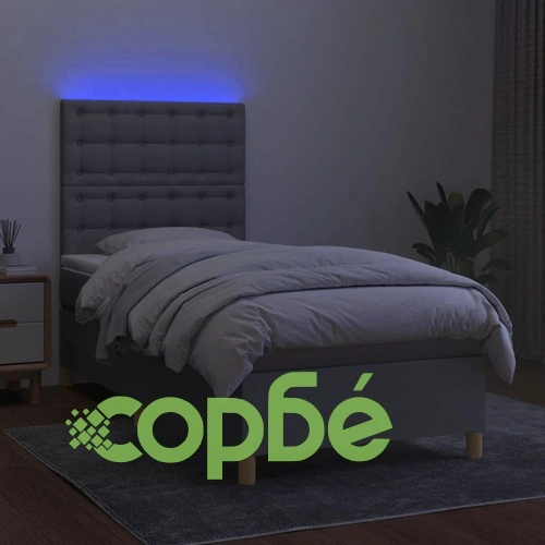 Боксспринг легло с матрак и LED, светлосиво, 90x190 см, плат ➤ топ цена ➤ sorbe.bg
