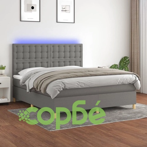 Боксспринг легло с матрак и LED, тъмносиво, 160x200 см, плат ➤ топ цена ➤ sorbe.bg