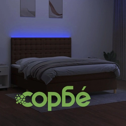 Боксспринг легло с матрак и LED, тъмнокафяво, 160x200 см, плат ➤ топ цена ➤ sorbe.bg