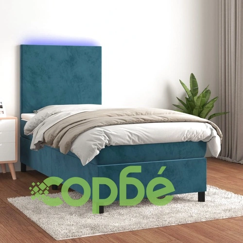 Боксспринг легло с матрак и LED, тъмносиньо, 80x200 см, кадифе ➤ топ цена ➤ sorbe.bg