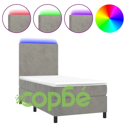 Боксспринг легло с матрак и LED, светлосиво, 90x190 см, кадифе ➤ топ цена ➤ sorbe.bg