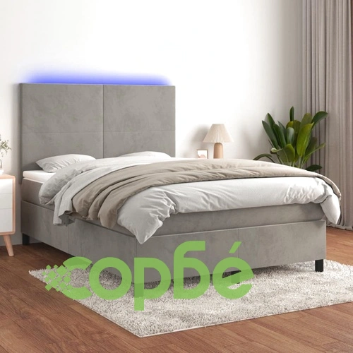 Боксспринг легло с матрак и LED, светлосиво, 140x190 см, кадифе ➤ топ цена ➤ sorbe.bg