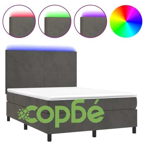Боксспринг легло с матрак и LED, тъмносиво, 140x190 см, кадифе ➤ топ цена ➤ sorbe.bg