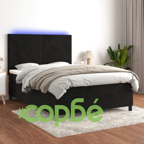 Боксспринг легло с матрак и LED, черно, 140x190 см, кадифе ➤ топ цена ➤ sorbe.bg