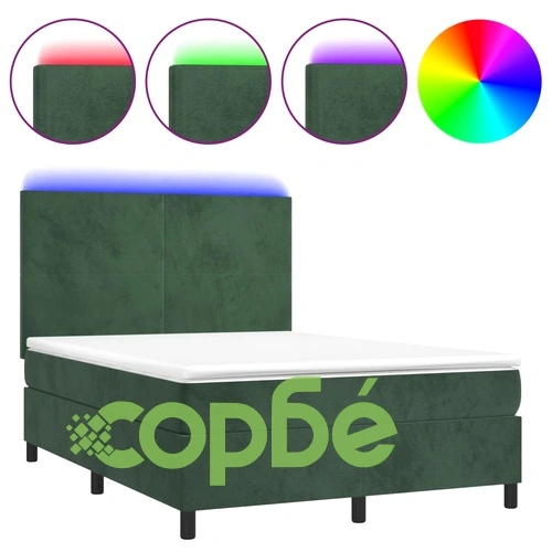 Боксспринг легло с матрак и LED, тъмнозелено, 140x190см, кадифе ➤ топ цена ➤ sorbe.bg