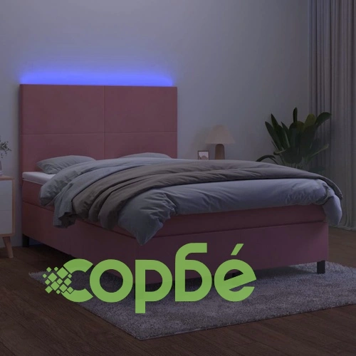 Боксспринг легло с матрак и LED, розово, 140x190 см, кадифе ➤ топ цена ➤ sorbe.bg
