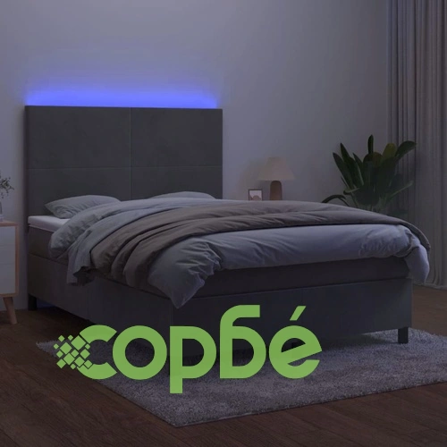 Боксспринг легло с матрак и LED, светлосиво, 140x200 см, кадифе ➤ топ цена ➤ sorbe.bg