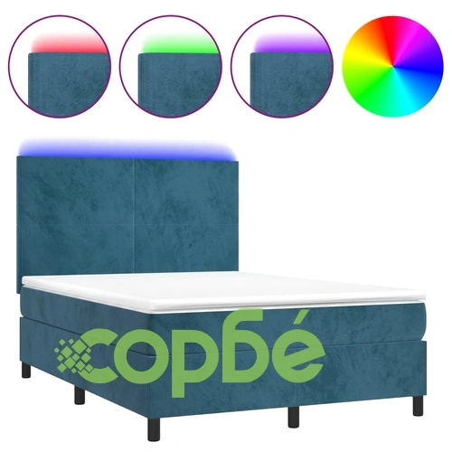 Боксспринг легло с матрак и LED, тъмносиньо, 140x200 см, кадифе ➤ топ цена ➤ sorbe.bg