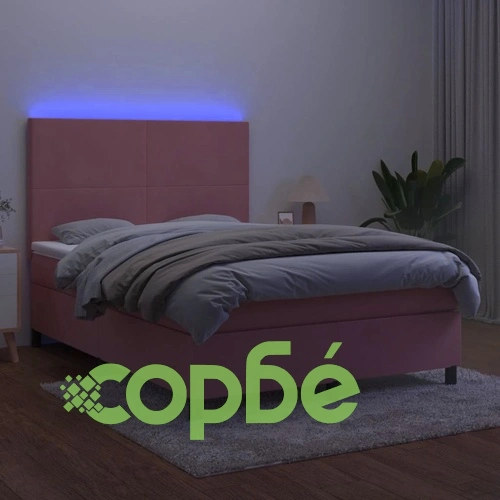 Боксспринг легло с матрак и LED, розово, 140x200 см, кадифе ➤ топ цена ➤ sorbe.bg
